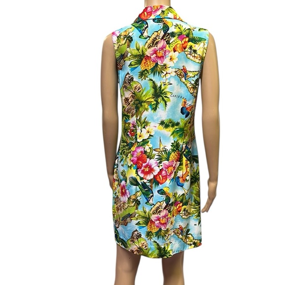 Vintage Y2k Collared Blue Tropical Button Front Sleeveless Dress Womens Medium - Picture 5 of 11